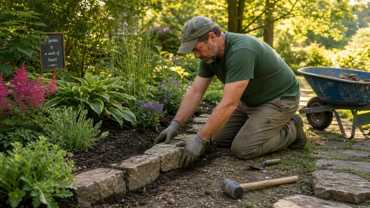 a gardener resetting stone edging in a lush garden bed, warm afternoon…