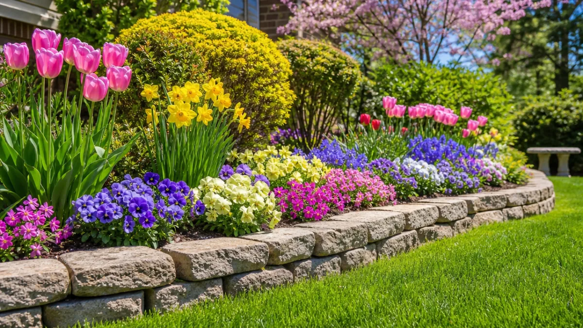 neatly maintained garden stone edging surrounded by spring blooms, bright clear daylight…