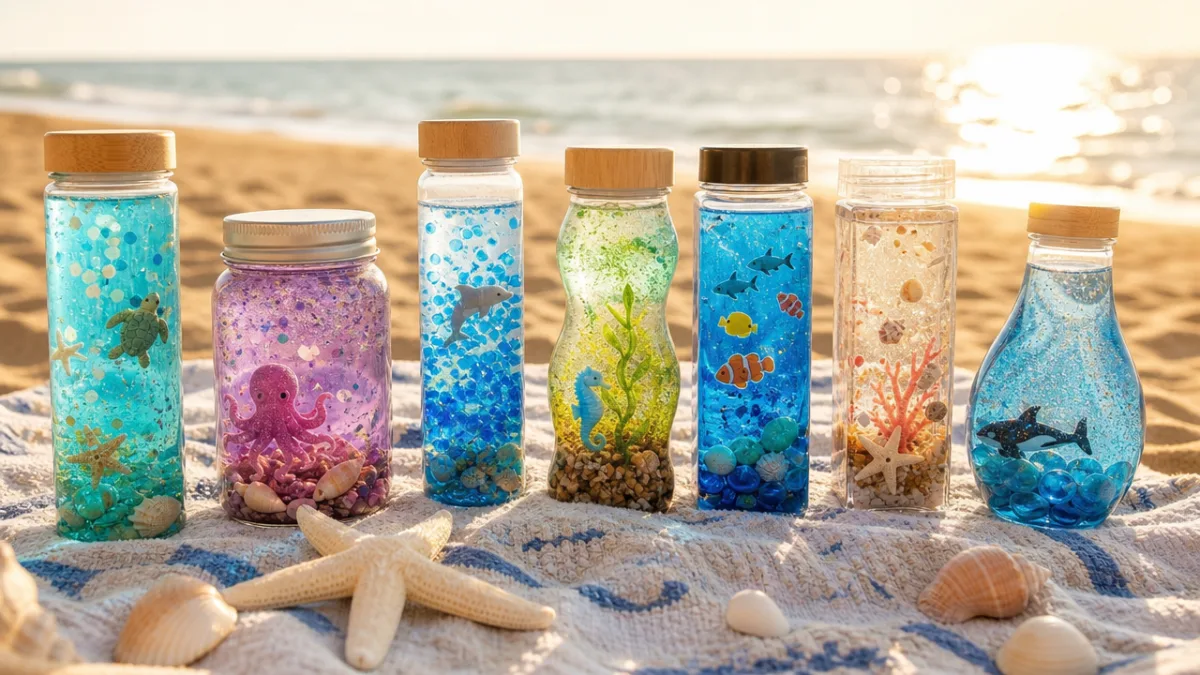 a collection of colorful ocean sensory bottles arranged on a sandy beach…