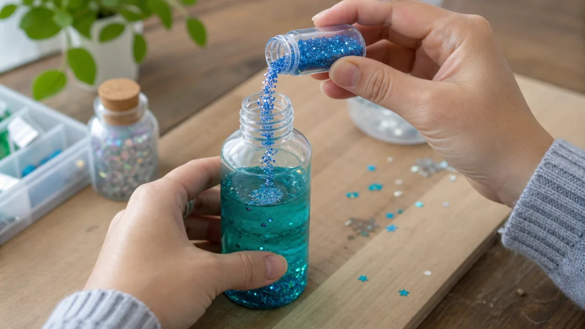 close-up of hands pouring blue glitter into a clear bottle filled with…