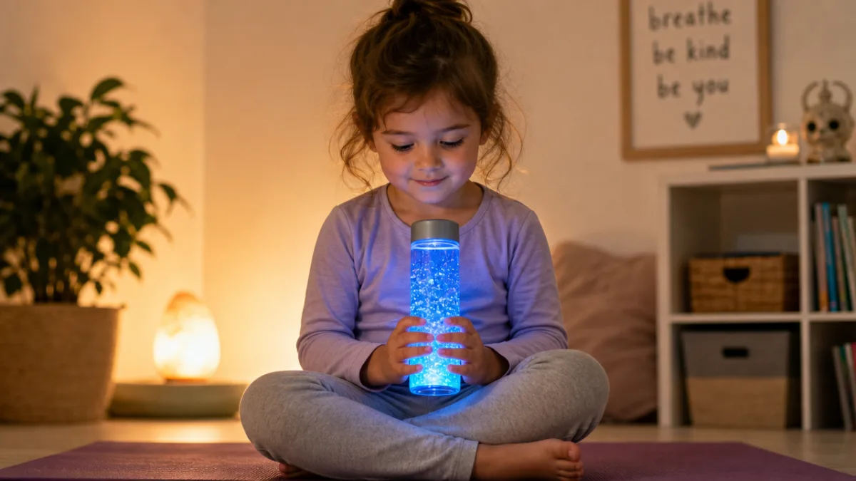 a young child sitting cross-legged on a yoga mat holding a glowing…