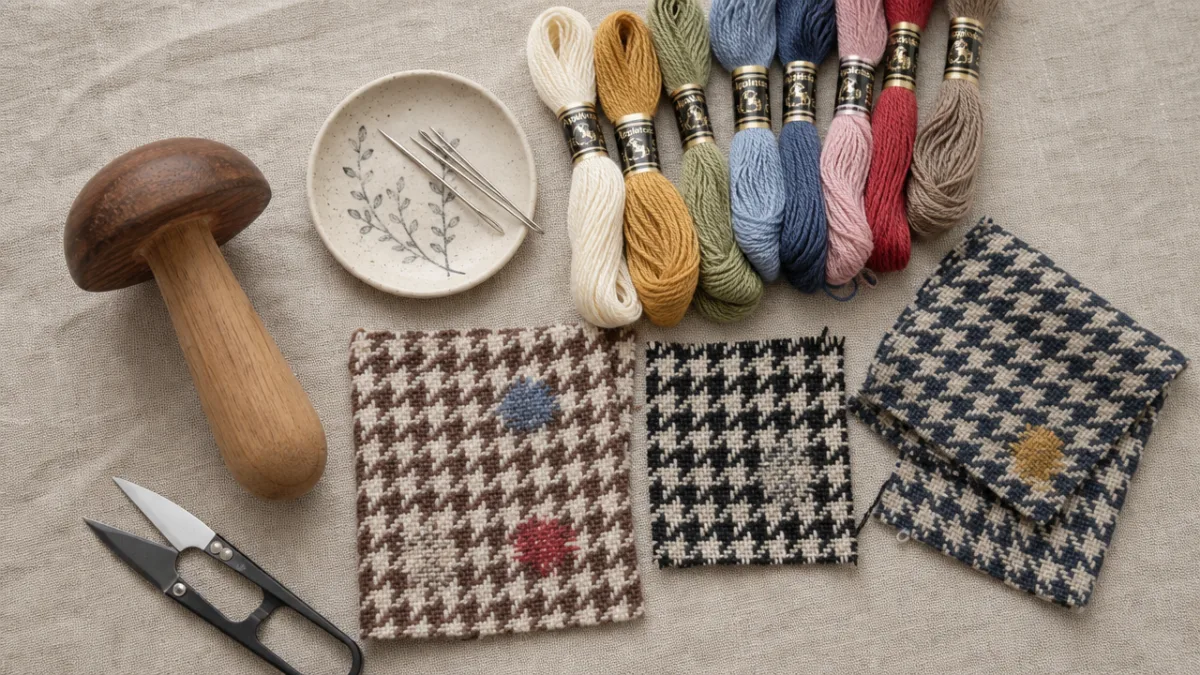 a flat lay of mending supplies including colorful thread, darning mushroom, and…