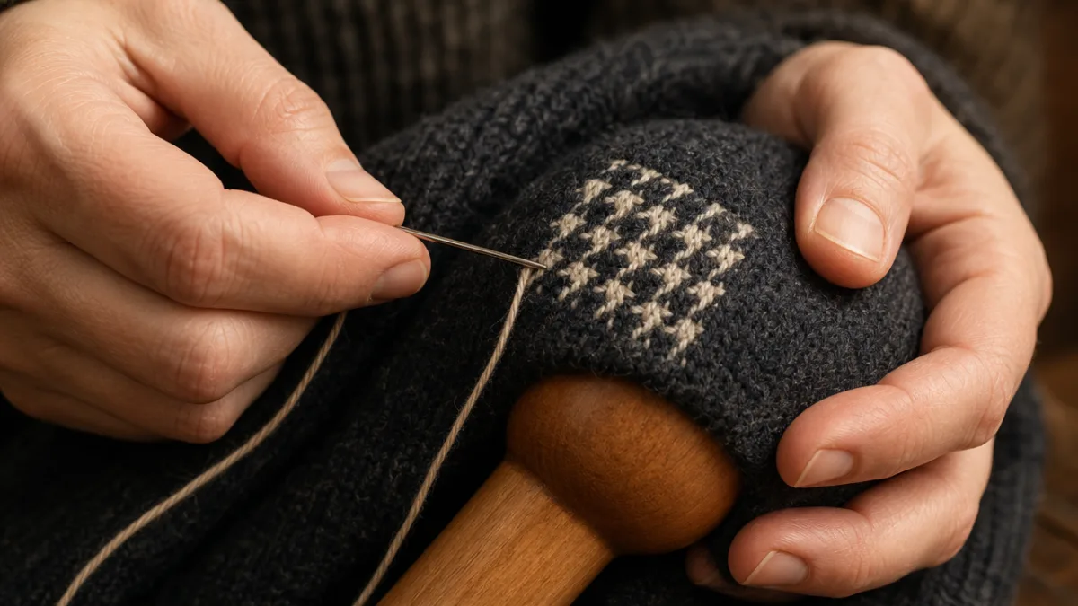 close-up of hands stitching a houndstooth darn on dark wool fabric with…