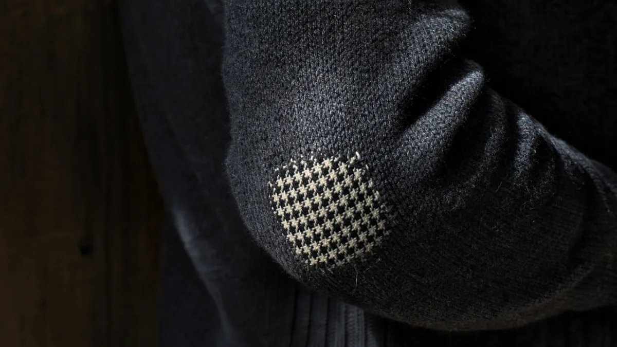 finished houndstooth darn visible on the elbow of a charcoal wool sweater,…