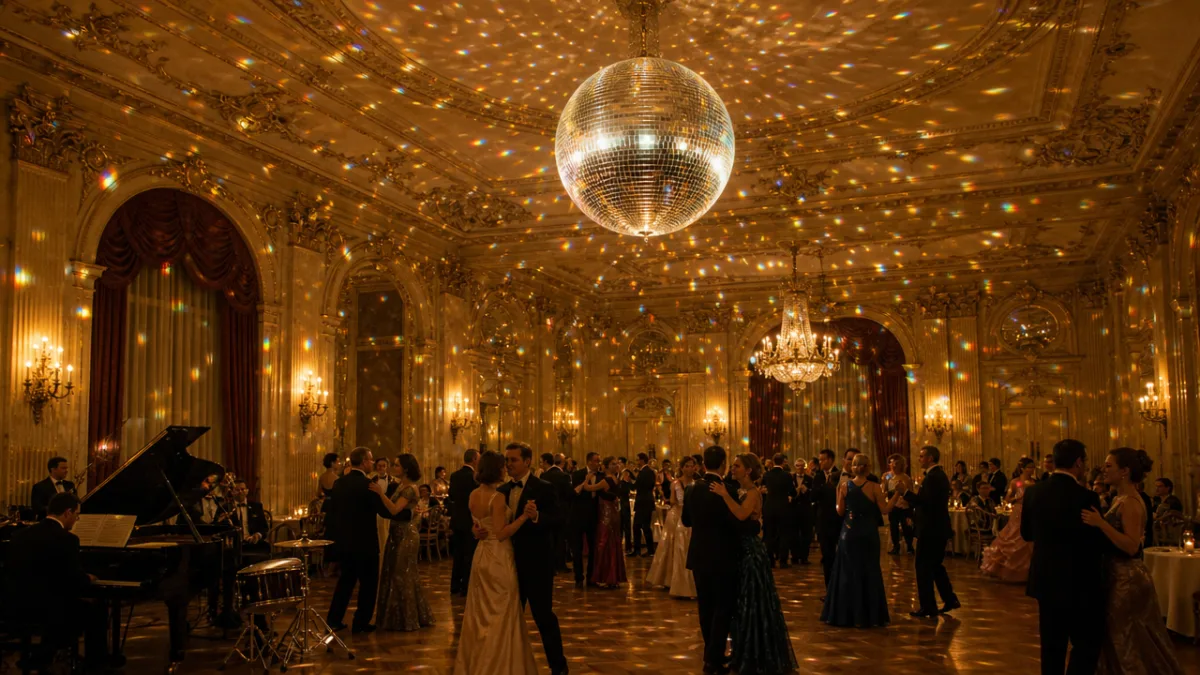 a vintage-style ballroom with a large faceted mirror ball casting rainbow light…