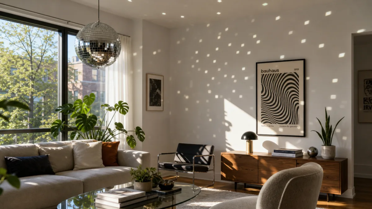 a modern living room with a suspended faceted mirror ball near a…