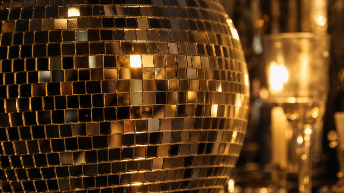 a close-up of a faceted mirror ball with intricate glass tiles reflecting…