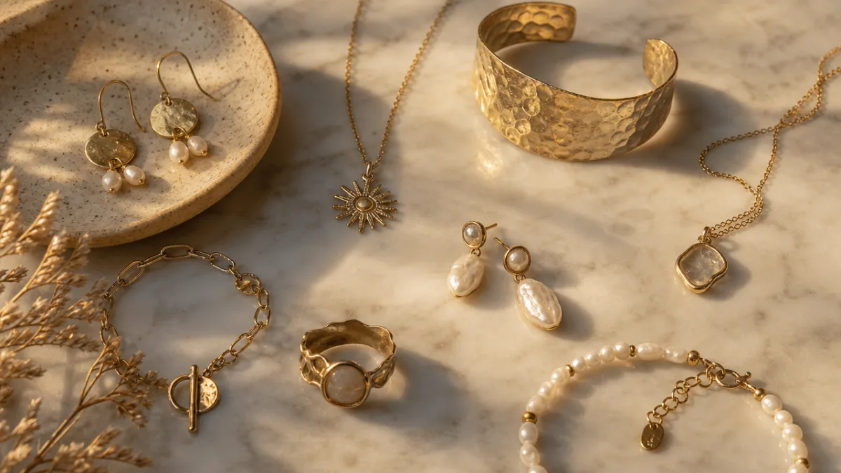 a flat lay of handmade jewelry pieces on white marble, warm golden…