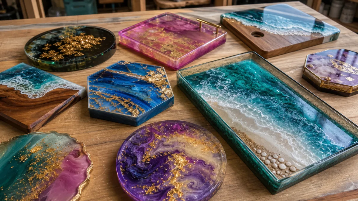 colorful resin art pieces arranged on a wooden workshop table, soft studio…