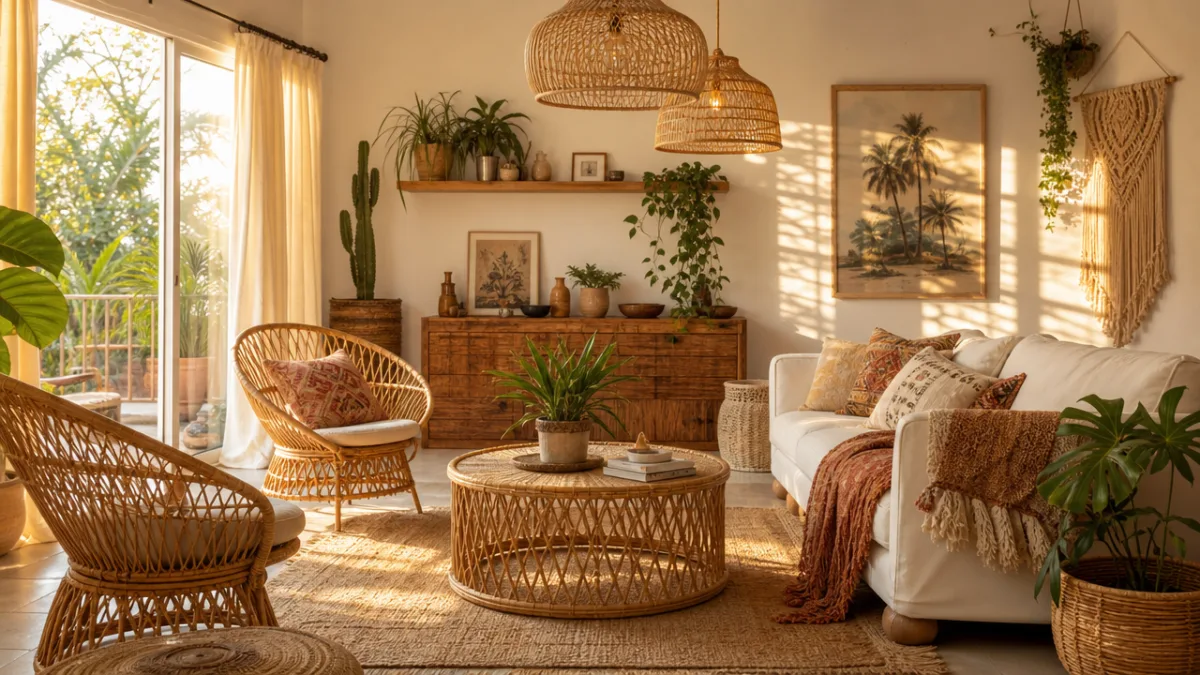 a sunlit bohemian living room featuring handmade rattan chairs and woven pendant…