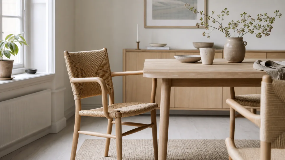 a serene Scandinavian dining room with a handwoven rattan chair beside a…