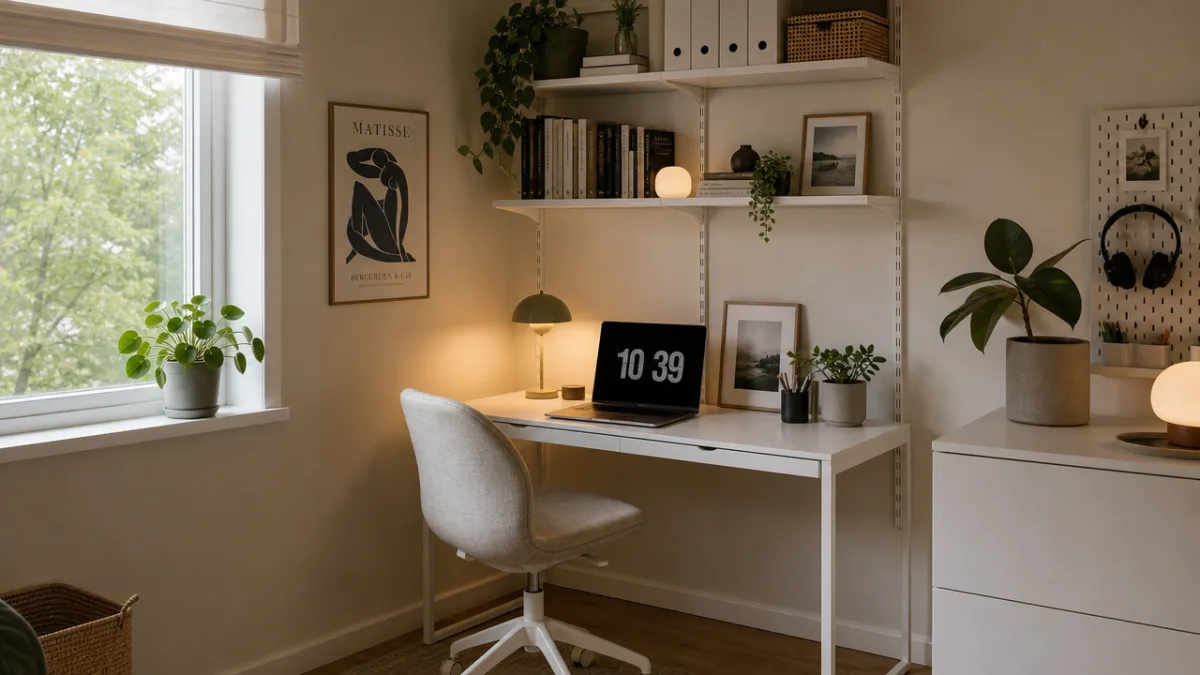 a compact corner home office with white IKEA wall shelves and a…