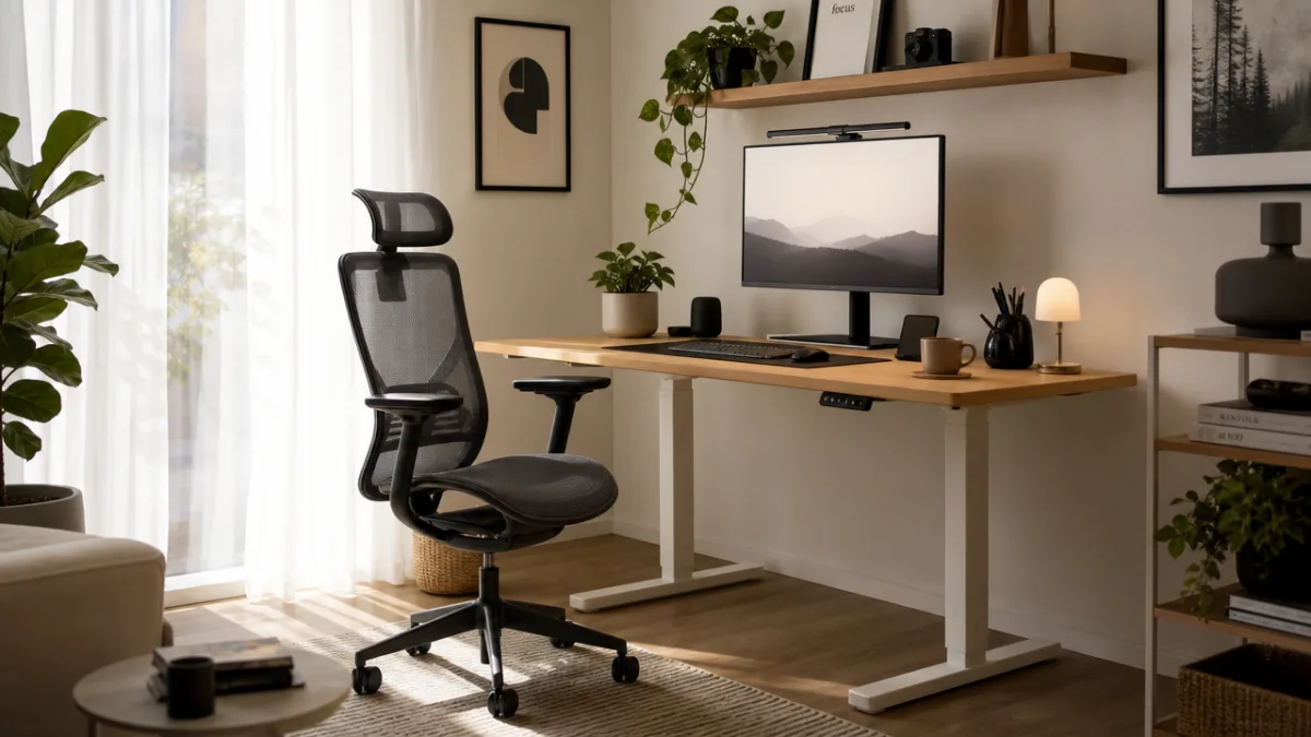 a stylish ergonomic home office with an IKEA mesh chair and sit-stand…