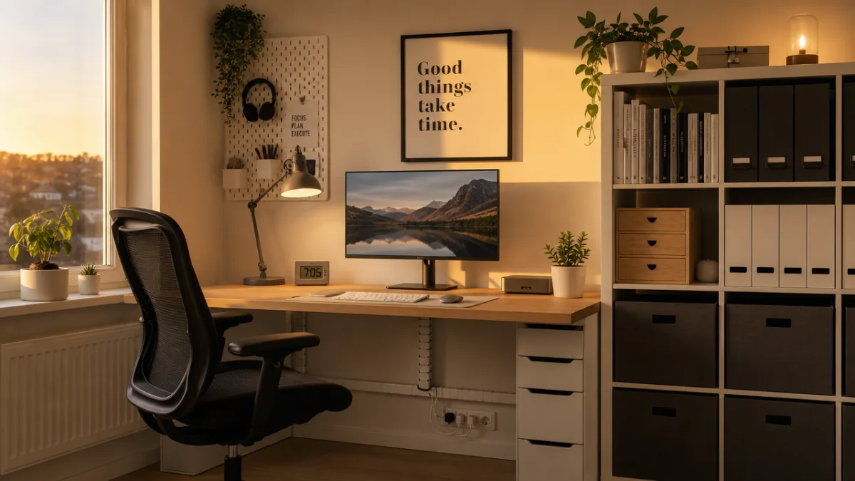 a neatly organized home office desk with IKEA storage boxes and cable…