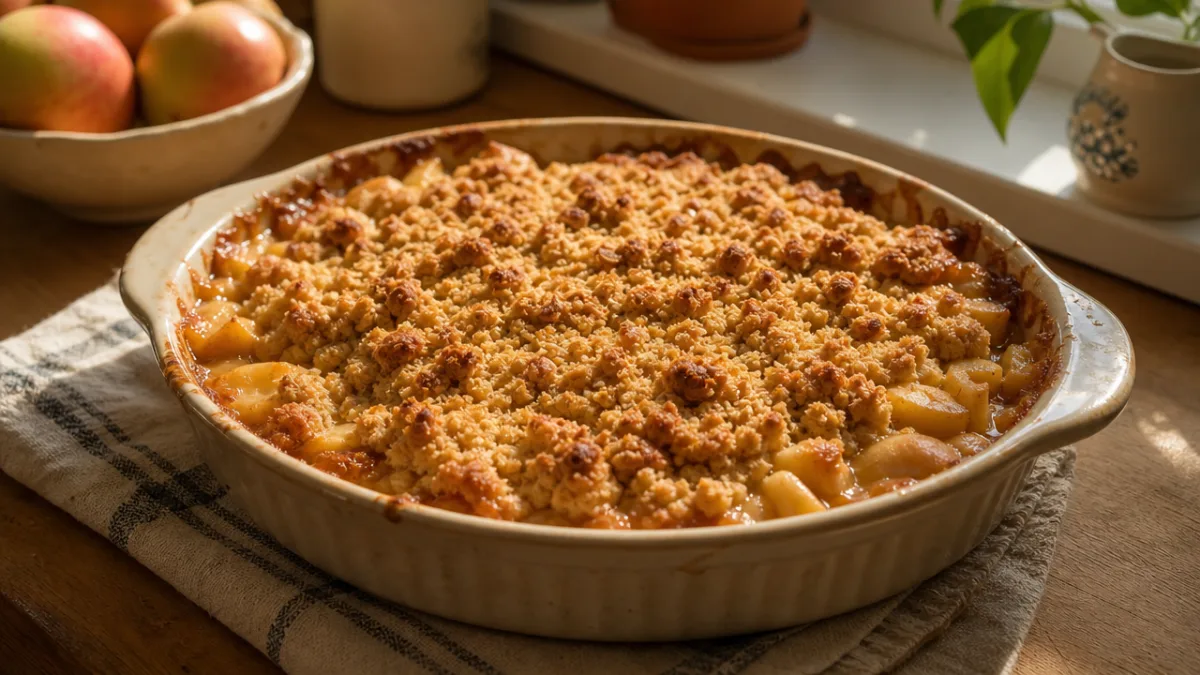 a golden apple crumble fresh from the oven in a ceramic dish,…