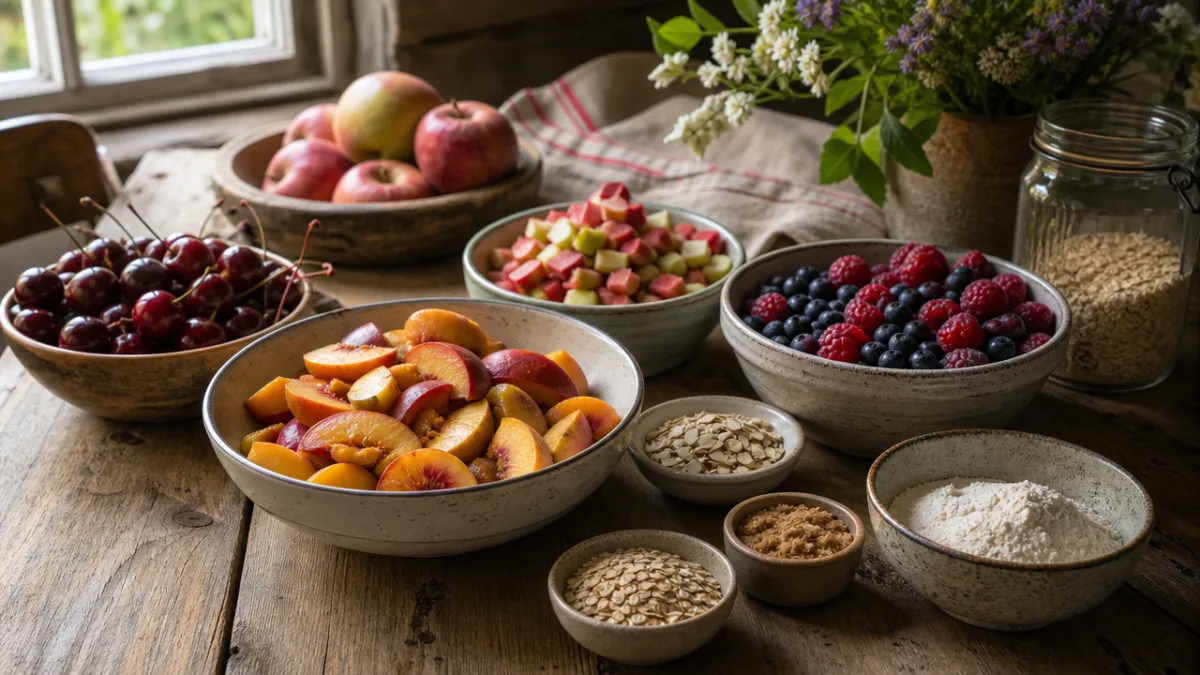 a rustic wooden table with bowls of colorful seasonal fruits and crumble…