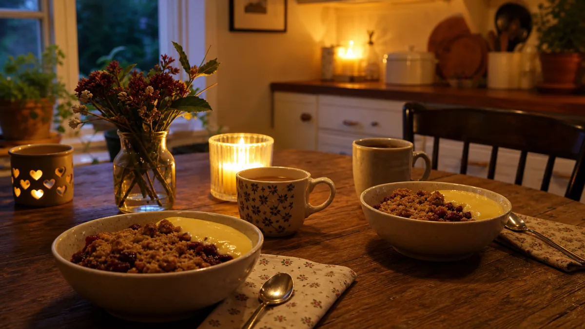 a cozy kitchen table scene with two bowls of crumble and custard,…