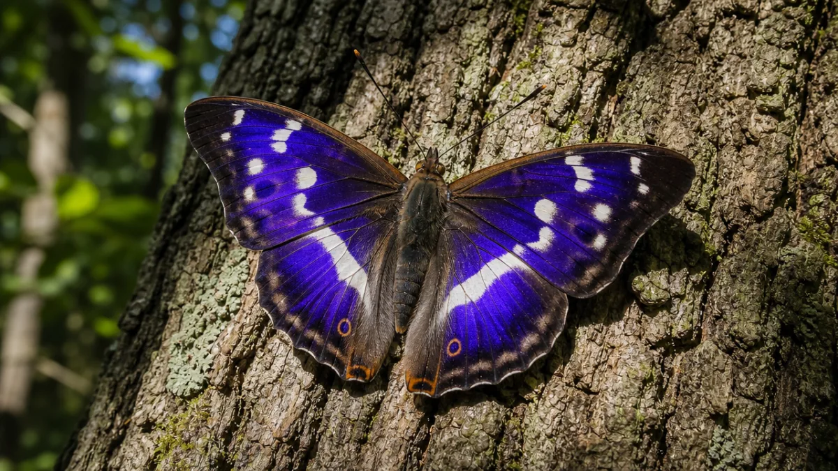 a male Purple Emperor butterfly resting on oak bark, wings open, iridescent…