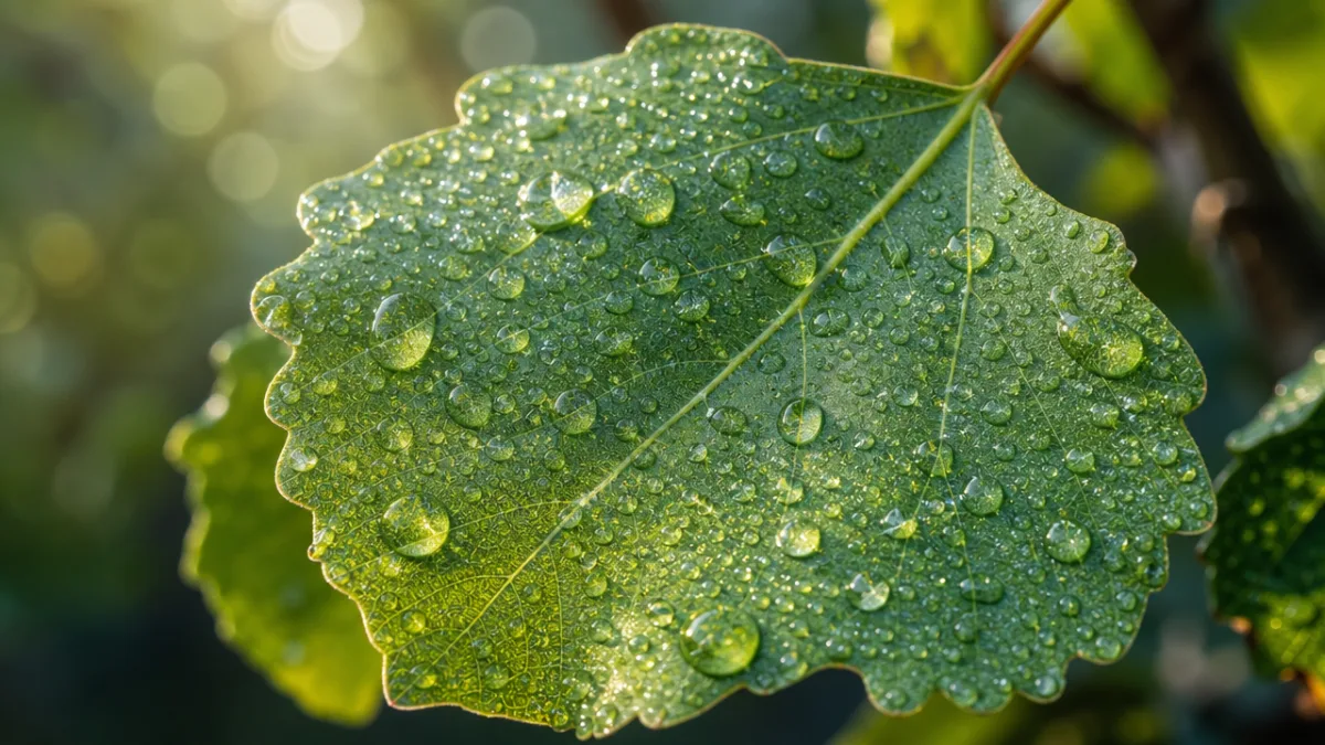 close-up of a Green Sallow leaf with dew drops in soft morning…