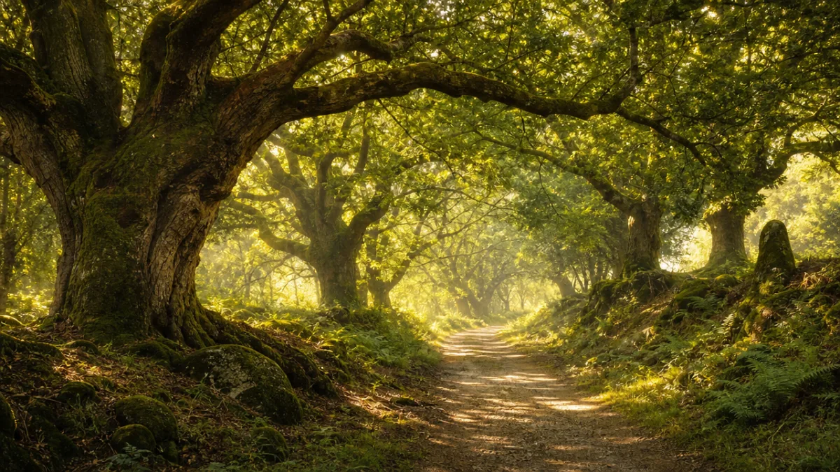 sunlit ancient oak woodland ride in summer, dappled golden light filtering through…