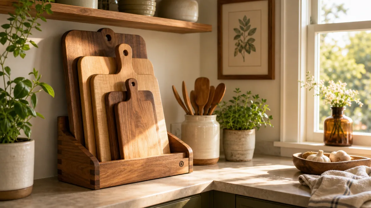 a well-organized kitchen counter with neatly stored wooden cutting boards in a…