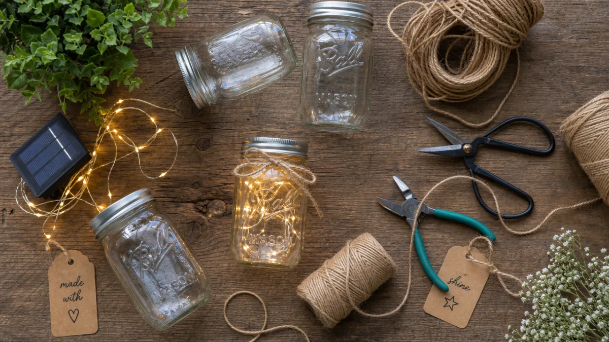 an overhead flat lay of mason jars, solar fairy lights, jute twine,…
