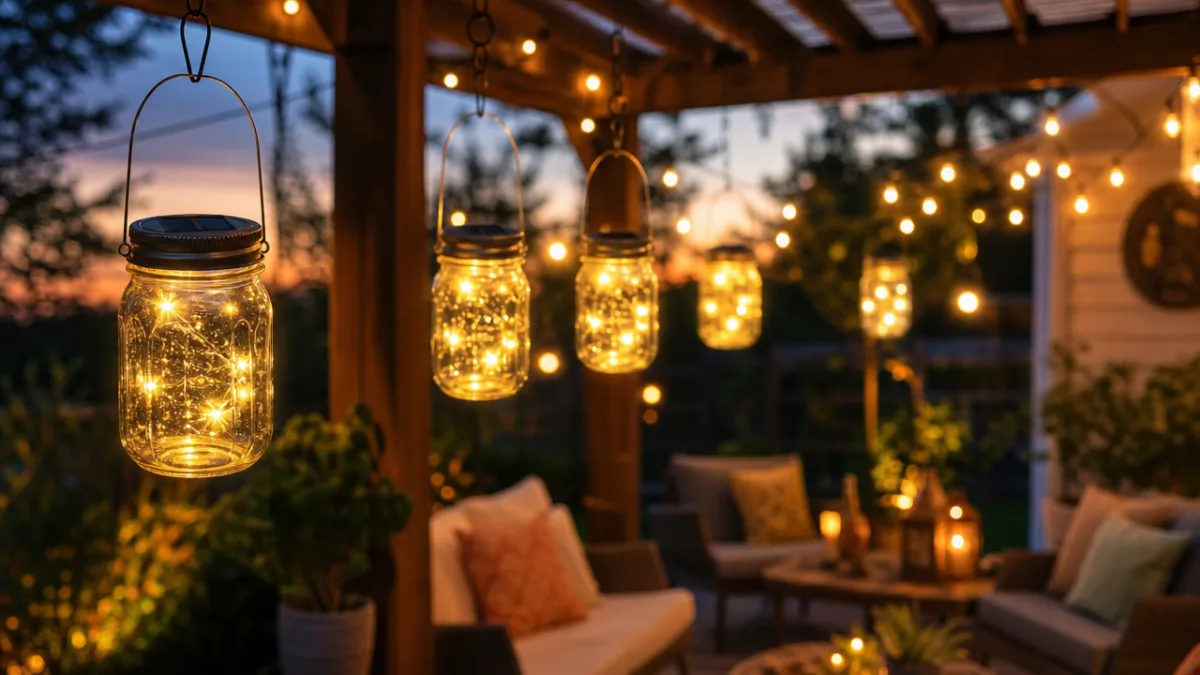 a glowing outdoor patio at twilight with multiple hanging mason jar solar…
