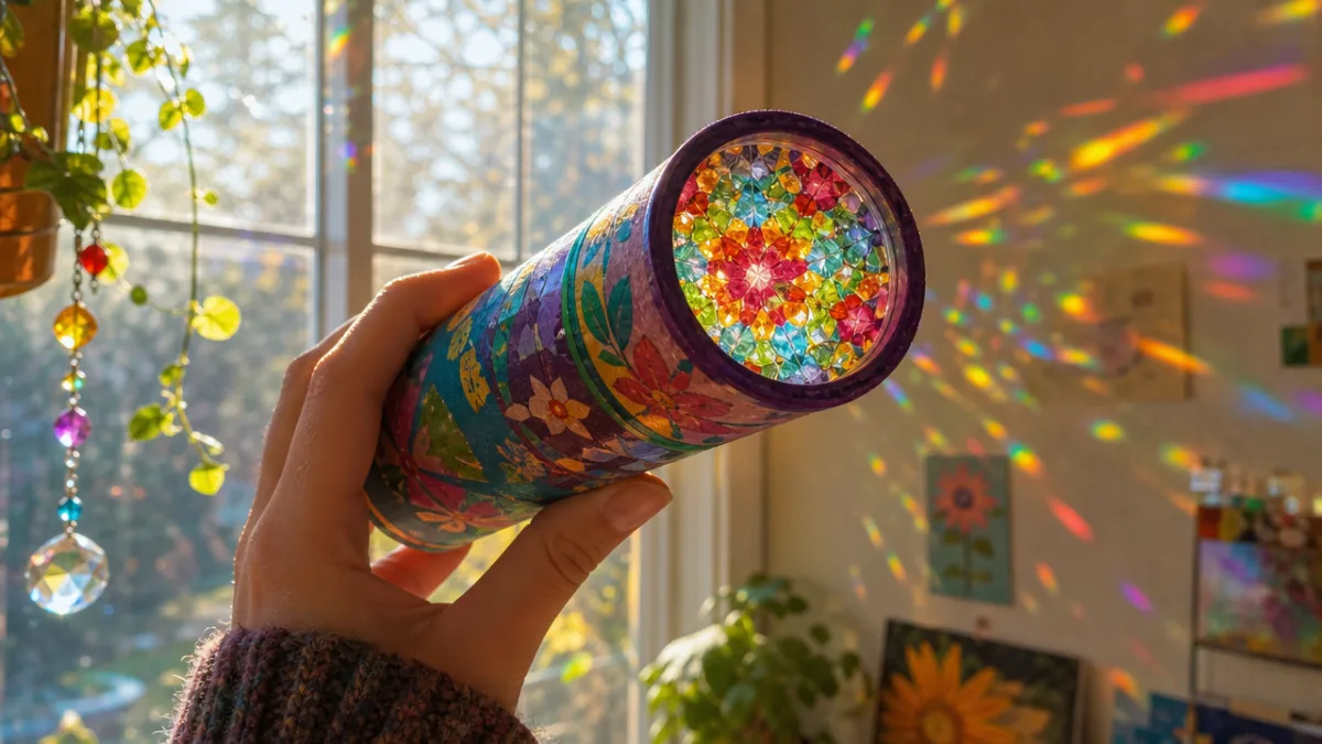 a finished colorful handmade kaleidoscope held up to a sunny window, vibrant…