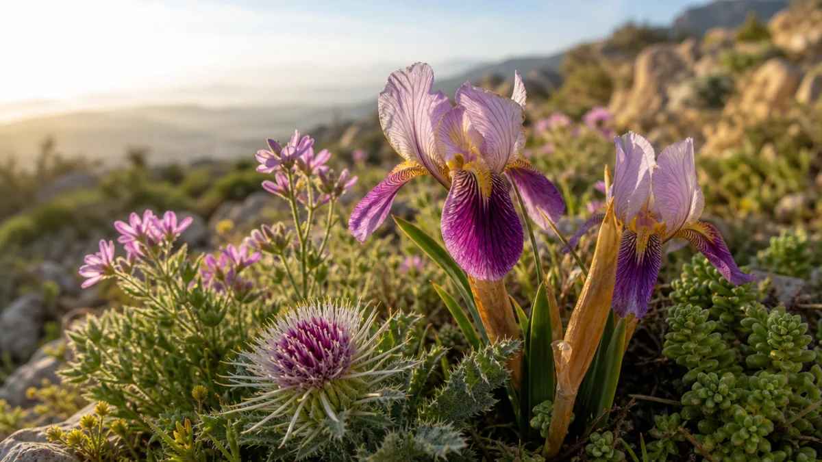 close-up of rare Moroccan wildflowers blooming on a sun-warmed hillside, rich botanical…
