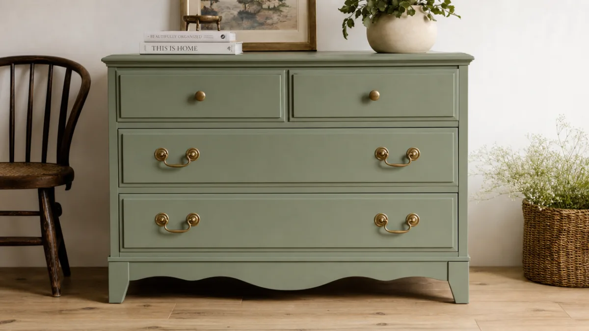a freshly painted thrifted wooden dresser in sage green with brass hardware…