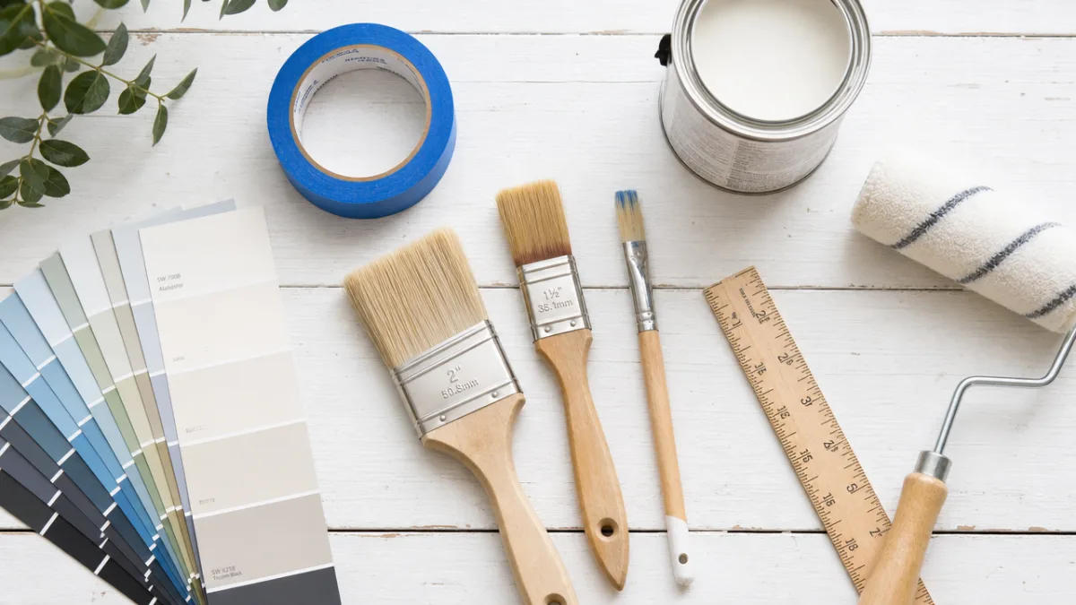 a flat lay of painting tools including brushes, tape, paint swatches and…