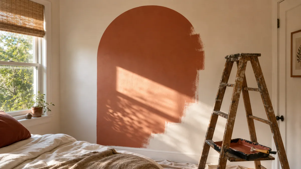 a half-painted terracotta arch on a white bedroom wall with a ladder…