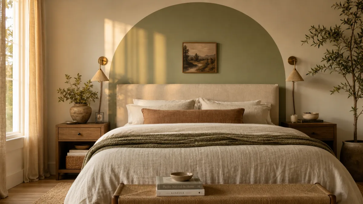 a beautifully styled bedroom with a completed sage green painted arch above…