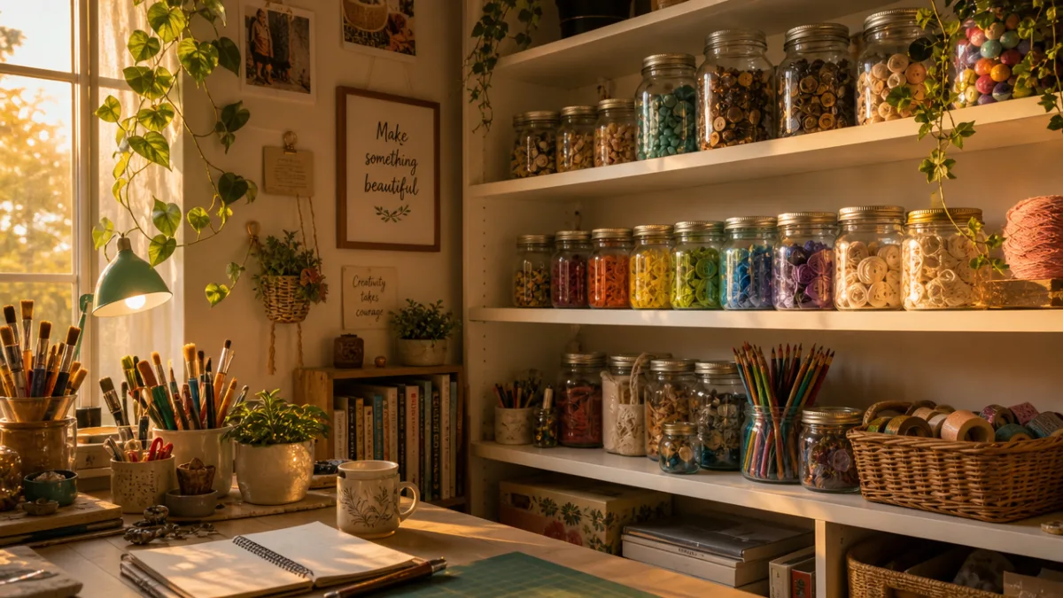 a cozy craft studio corner with glass jars of colorful supplies on…