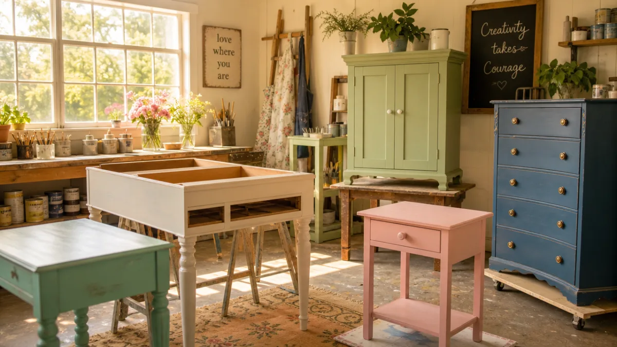 a cheerful workshop space with painted furniture pieces drying, warm afternoon sunlight…