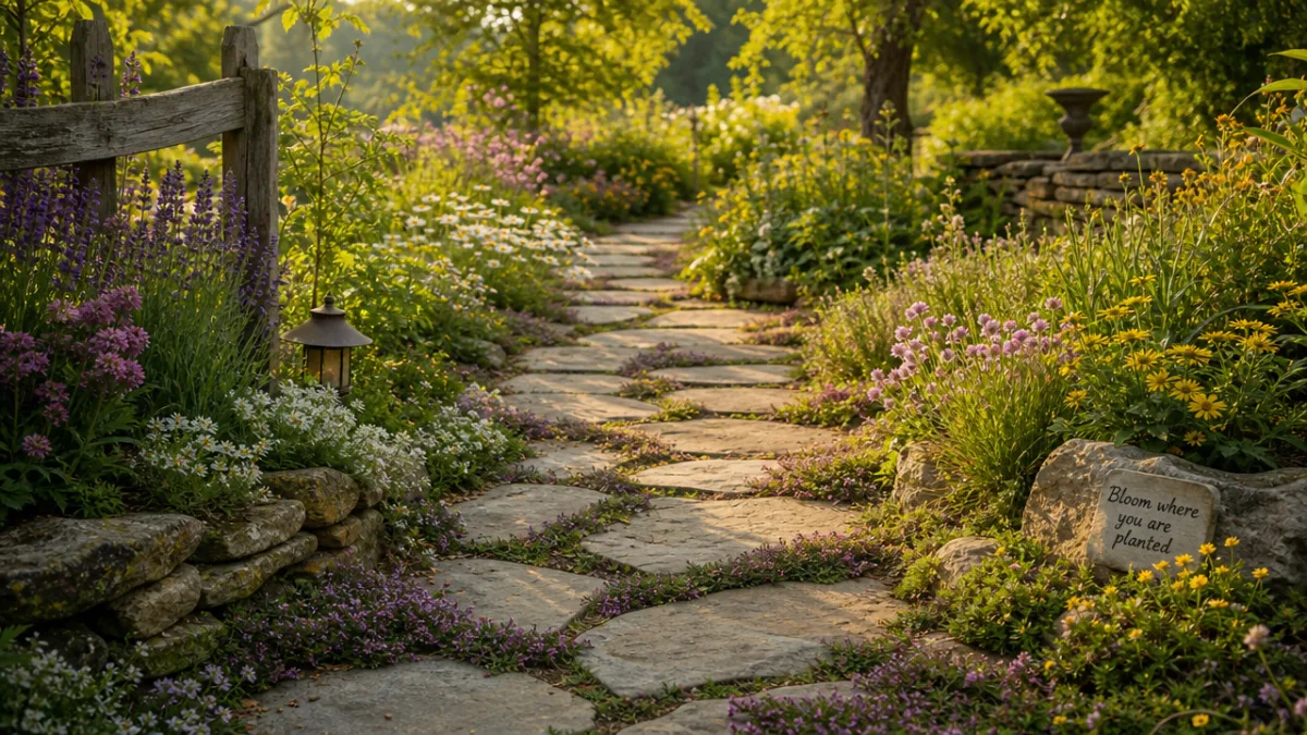 a rustic garden pathway with irregular flagstones surrounded by creeping thyme and…