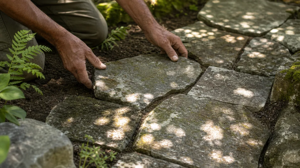 close-up of weathered flagstones being carefully arranged in a garden, dappled sunlight…