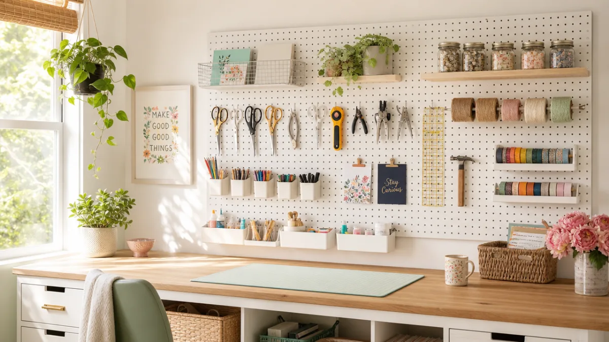 a bright, airy craft room with white pegboard mounted on a sunlit…