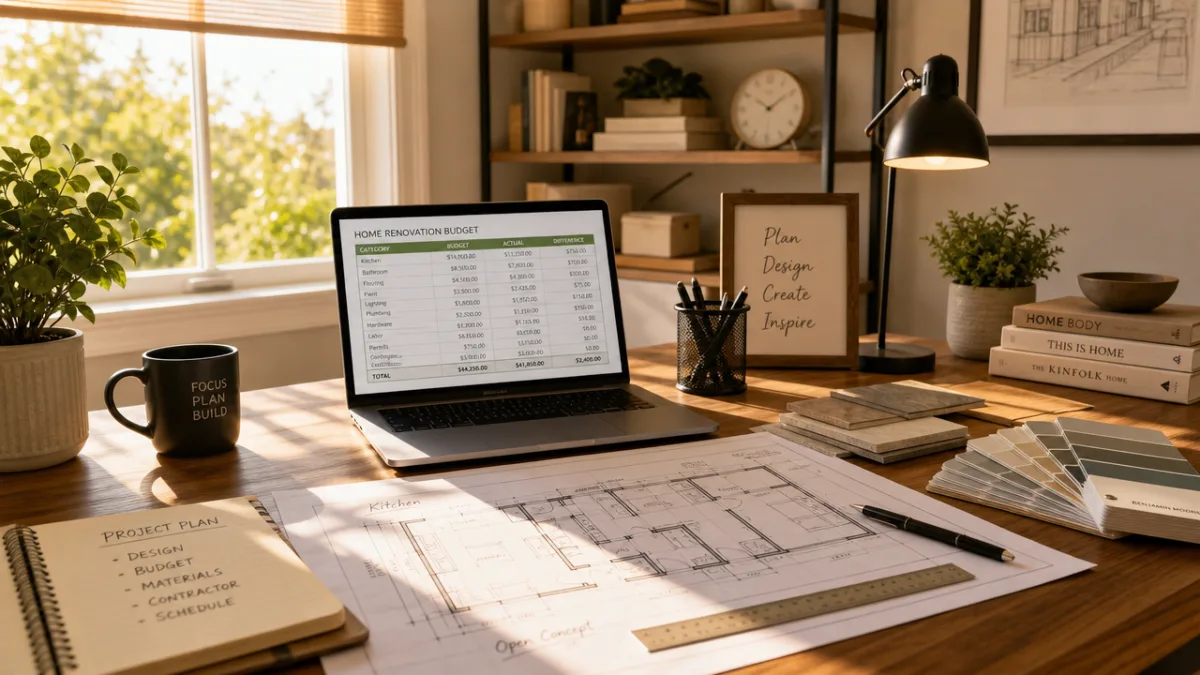 a neatly organized home office desk with renovation blueprints, a laptop showing…
