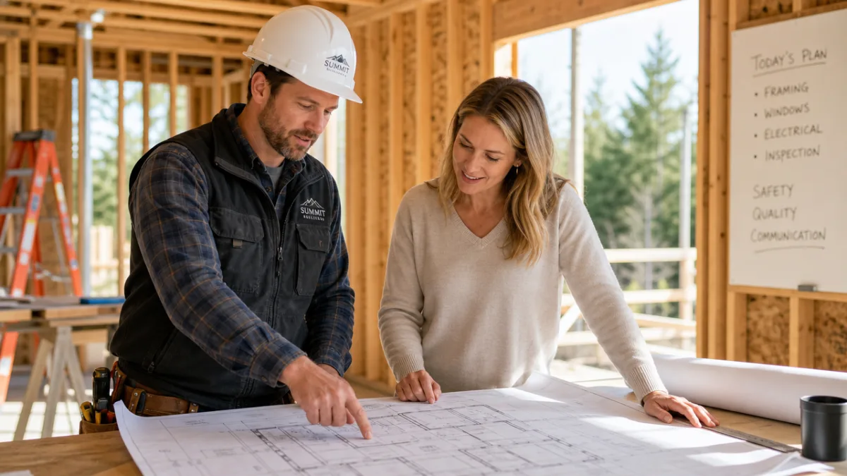 a contractor and homeowner reviewing building plans together at a bright construction…