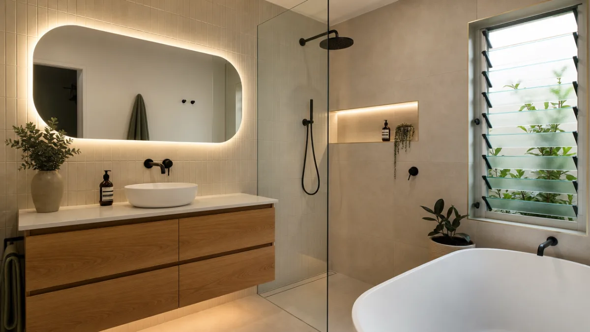 a renovated Australian bathroom with timber vanity and matte black tapware, soft…