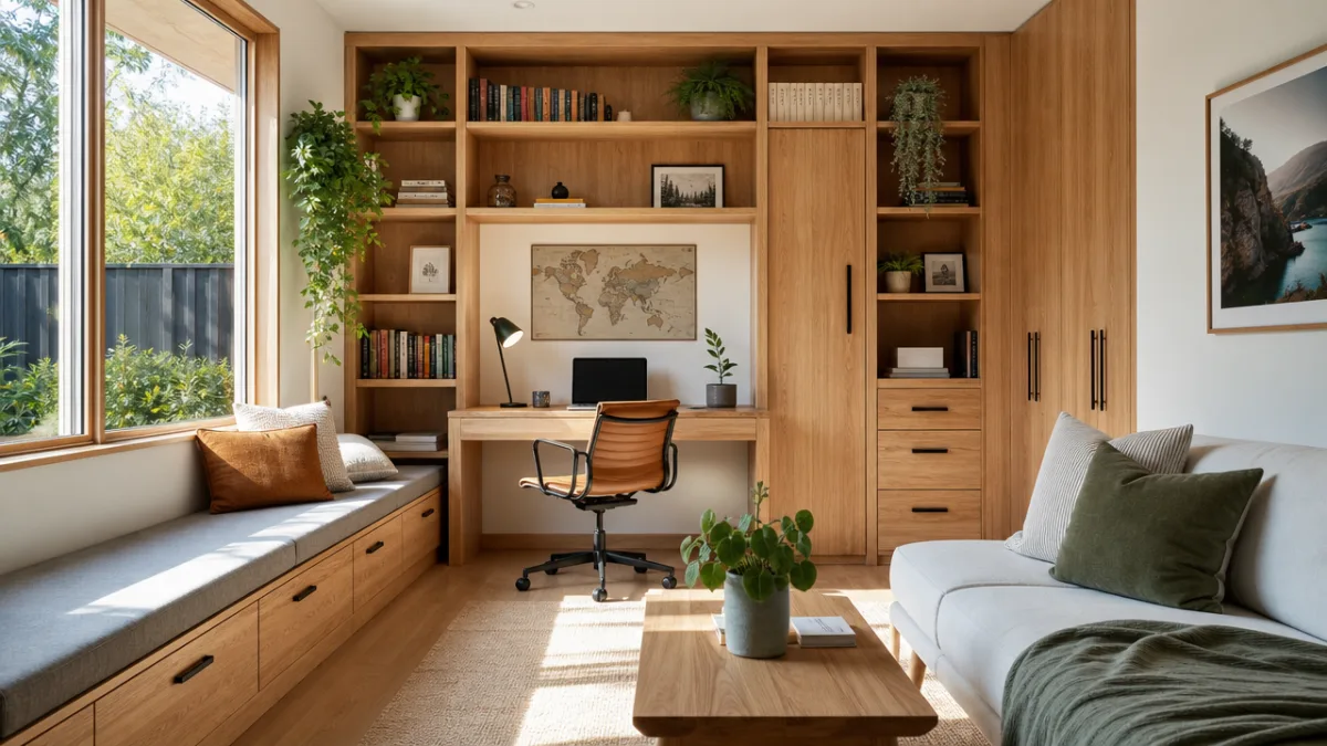a well-organised home interior with custom timber shelving and storage solutions, bright…