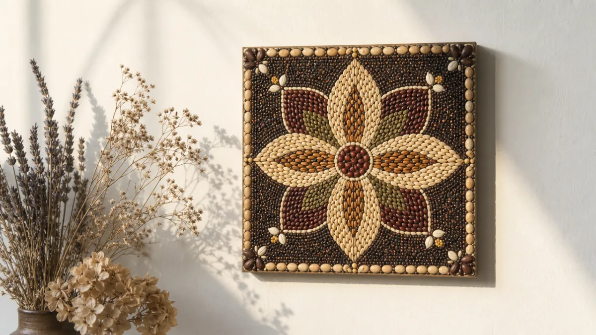 finished seed mosaic tile displayed on a white wall beside dried flowers,…