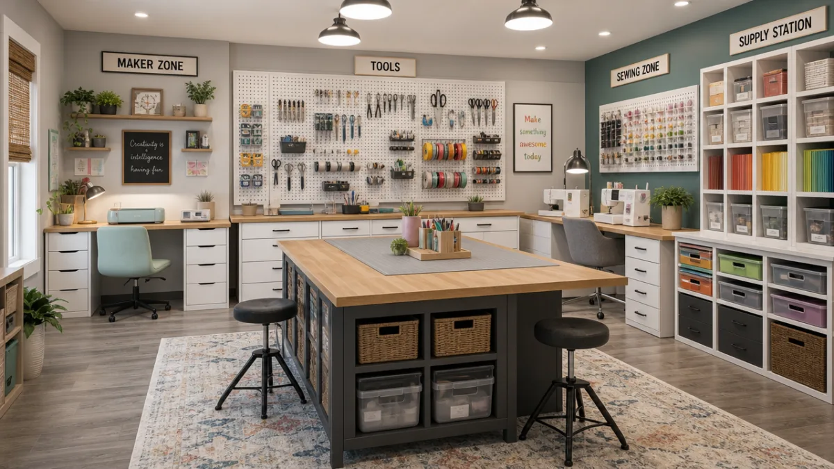 an organized craft room with clearly defined work zones, pegboard tool storage,…