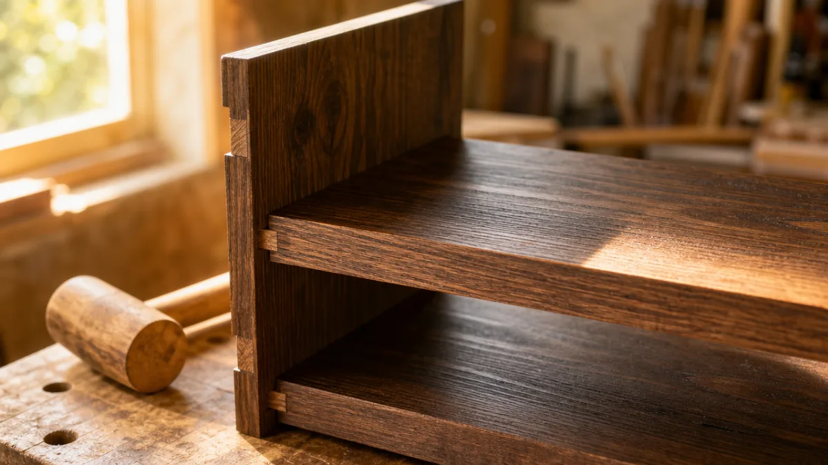 close-up of stained wood shelf pieces being assembled on a workbench, golden…