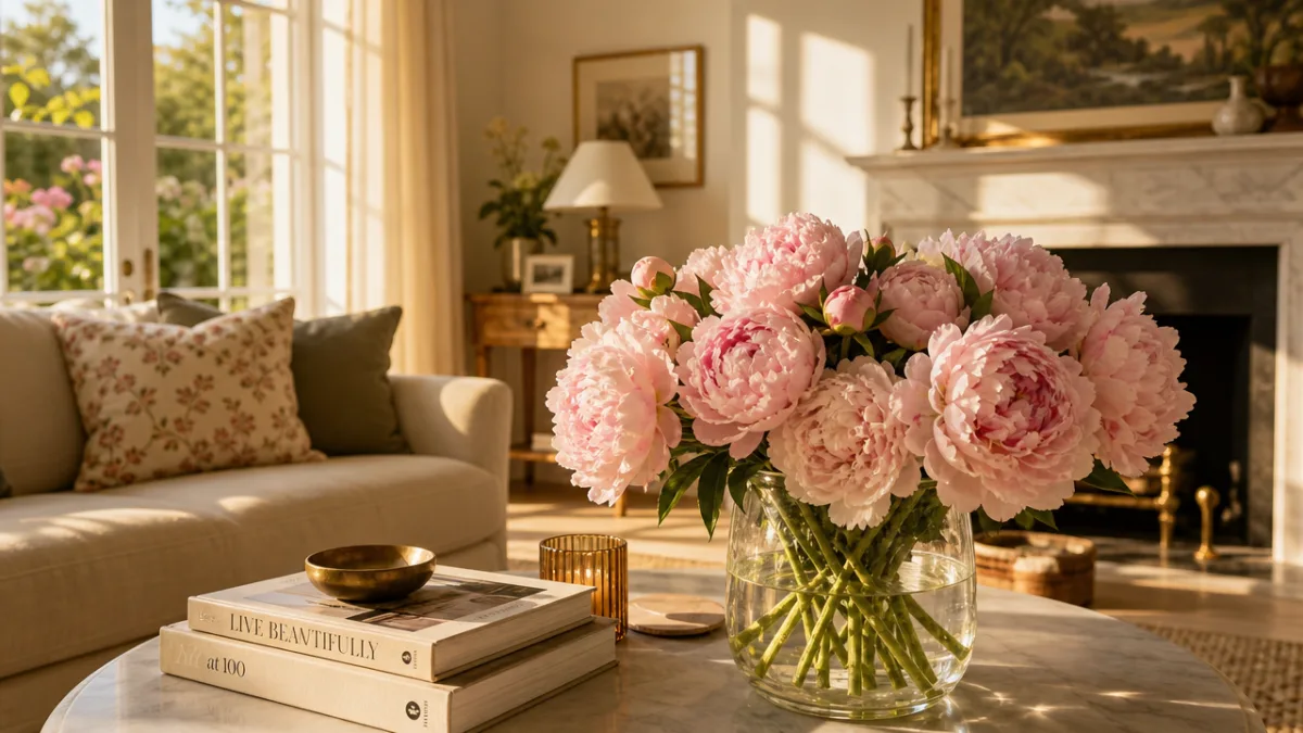 a sunlit living room featuring a large bouquet of blush peonies in…