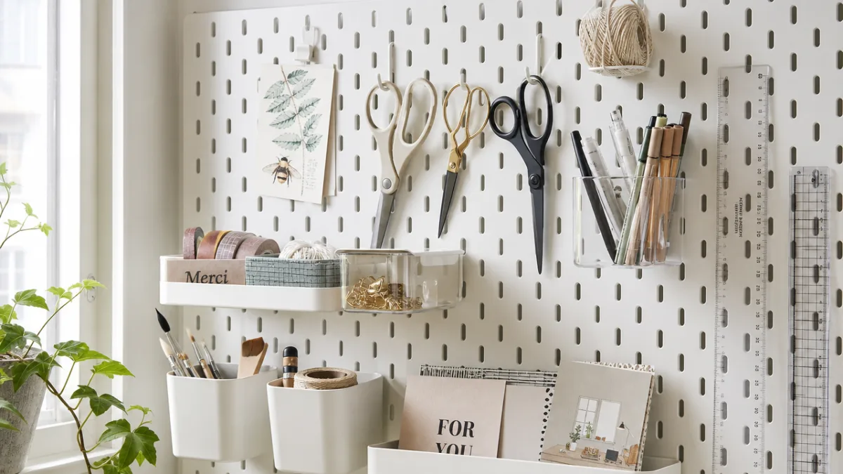 a close-up of a white IKEA SKÅDIS pegboard covered with organized craft…