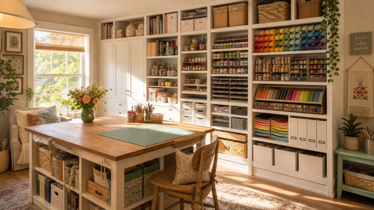 a cozy well-lit craft room with floor-to-ceiling IKEA storage units in white…