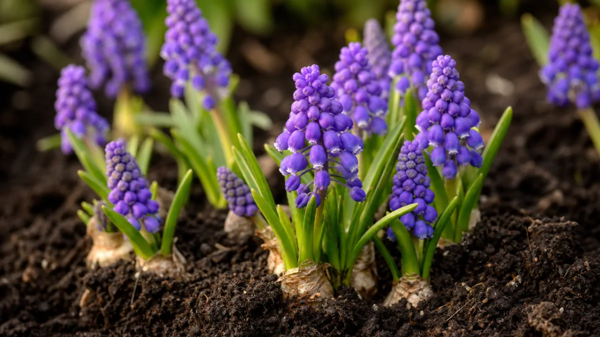 a close-up of vibrant purple muscari grape hyacinth bulbs in rich dark…