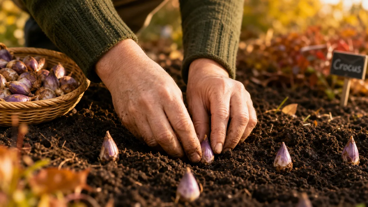 a gardener's hands pressing small purple-tipped bulbs into dark autumn soil, warm…